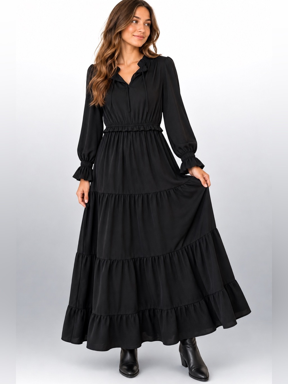 Boutique Black Tiered Ruffle Maxi Dress XL Long Sleeve Boho Romantic